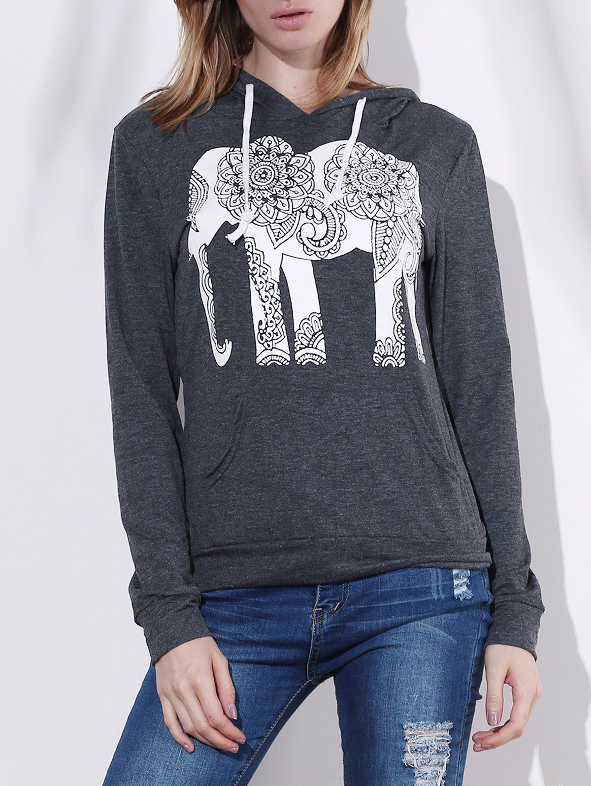 2018 Stylish Hooded Long Sleeve Elephant Print Women's Hoodie In Black