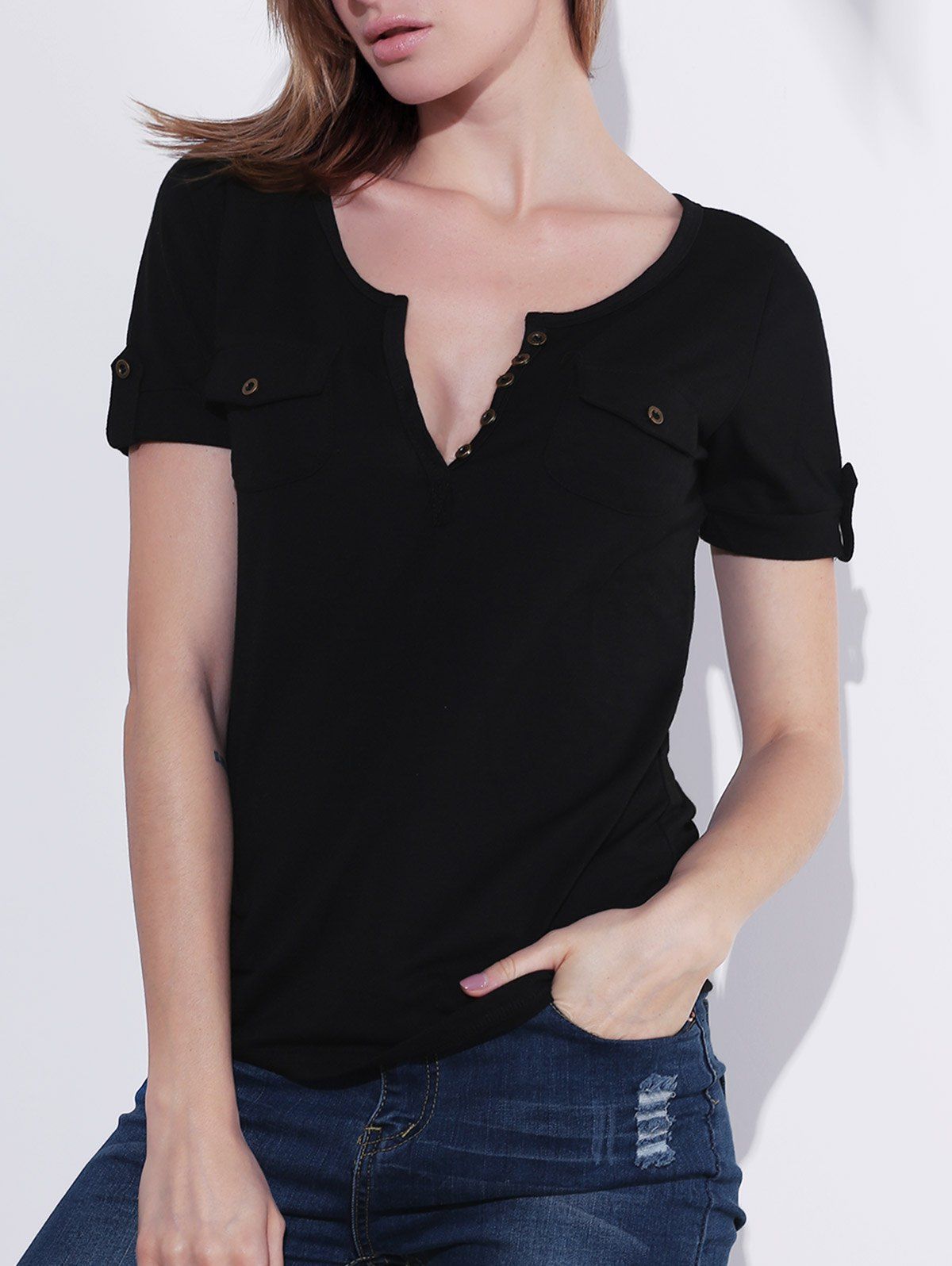 [55 OFF] Stylish Plunging Neck Short Sleeve Button Design TShirt For