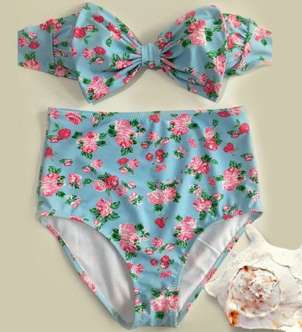 OFF Floral Bowknot Bandeau Cute High Waisted Bikini Sets Rosegal