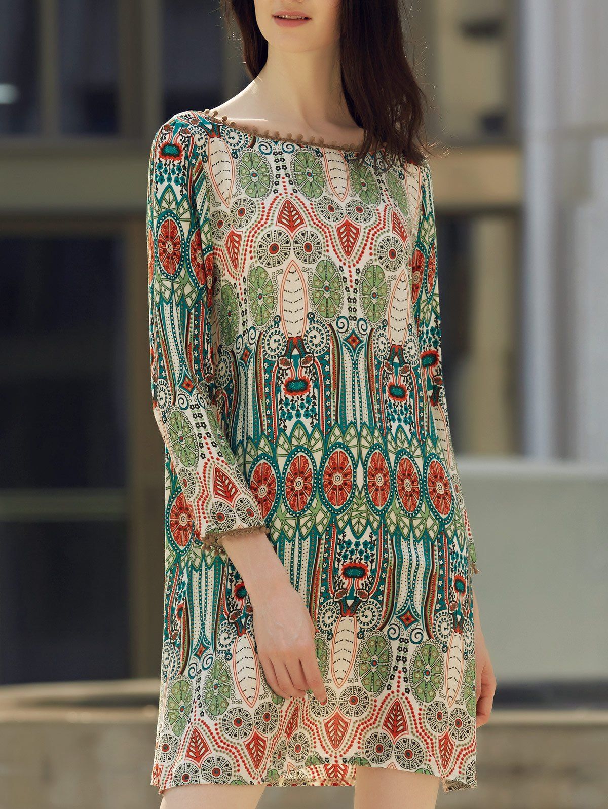 Shops Boat Neck Back V-Shape Indian Print Dress  