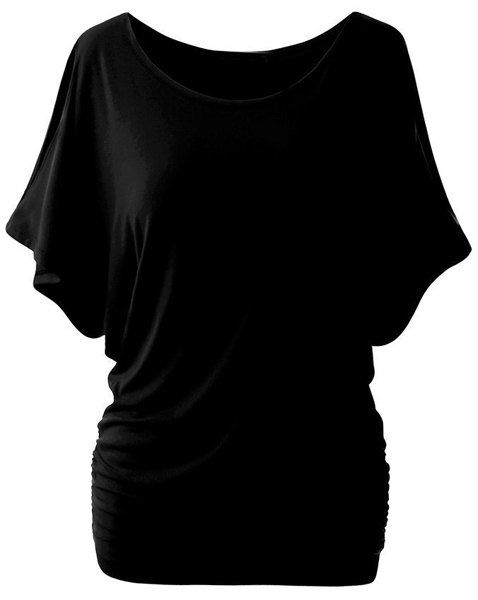 Black L Simple Style Women's Bat Sleeve Round Neck Pure Color Cut Out T ...