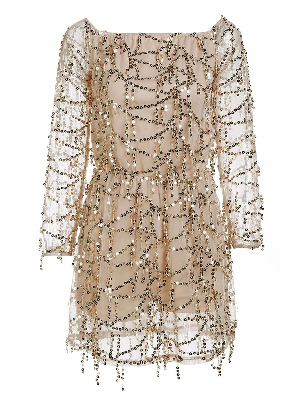 Golden M Off The Shoulder Long Sleeve Sequin Glitter Cocktail Dress