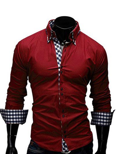 

Checked Splicing Design Casual Button Down Shirt, Red