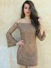 Sexy Boat Neck Flared Sleeve Lace Dress For Women -  