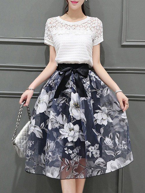 [49% OFF] Elegant Round Neck Short Sleeves Floral T-Shirt + Organza ...