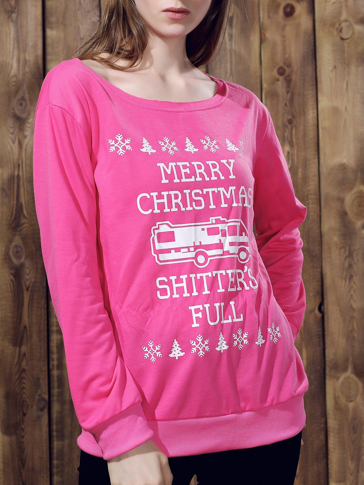 

Fashionable Skew Neck Long Sleeve Letter Pattern Christmas Sweatshirt For Women, Rose