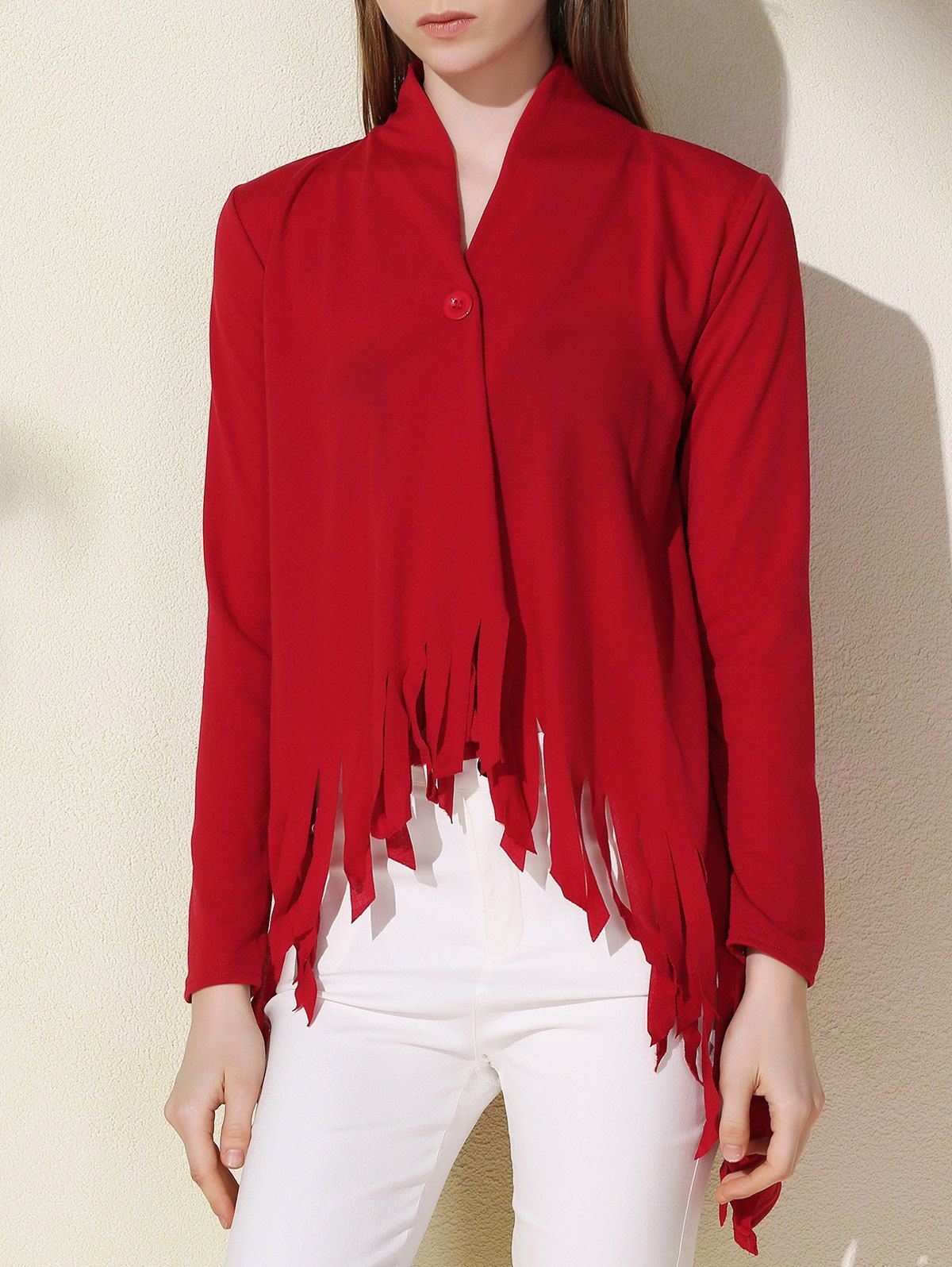 

Stylish Solid Color One-Buttoned Long Sleeve Tassel Irregular Cardigan For Women, Wine red