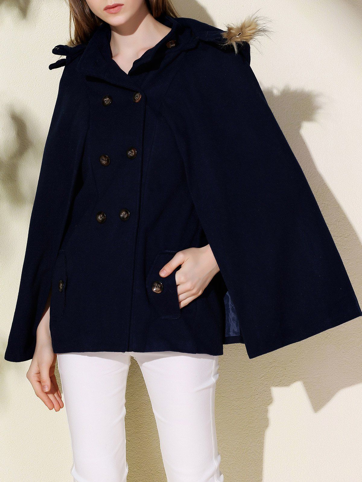 

Sweet Hooded Batwing Sleeve Wool Coat For Women, Purplish blue