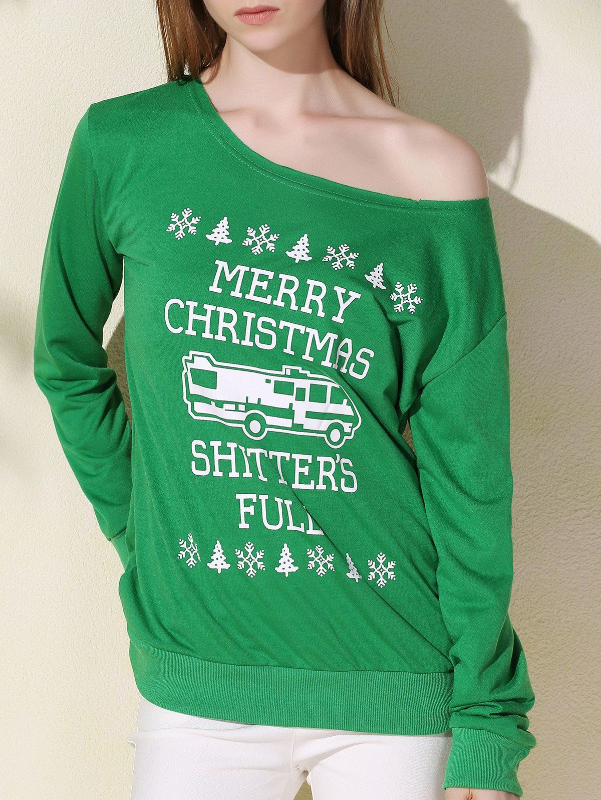 

Fashionable Skew Neck Long Sleeve Letter Pattern Christmas Sweatshirt For Women, Green