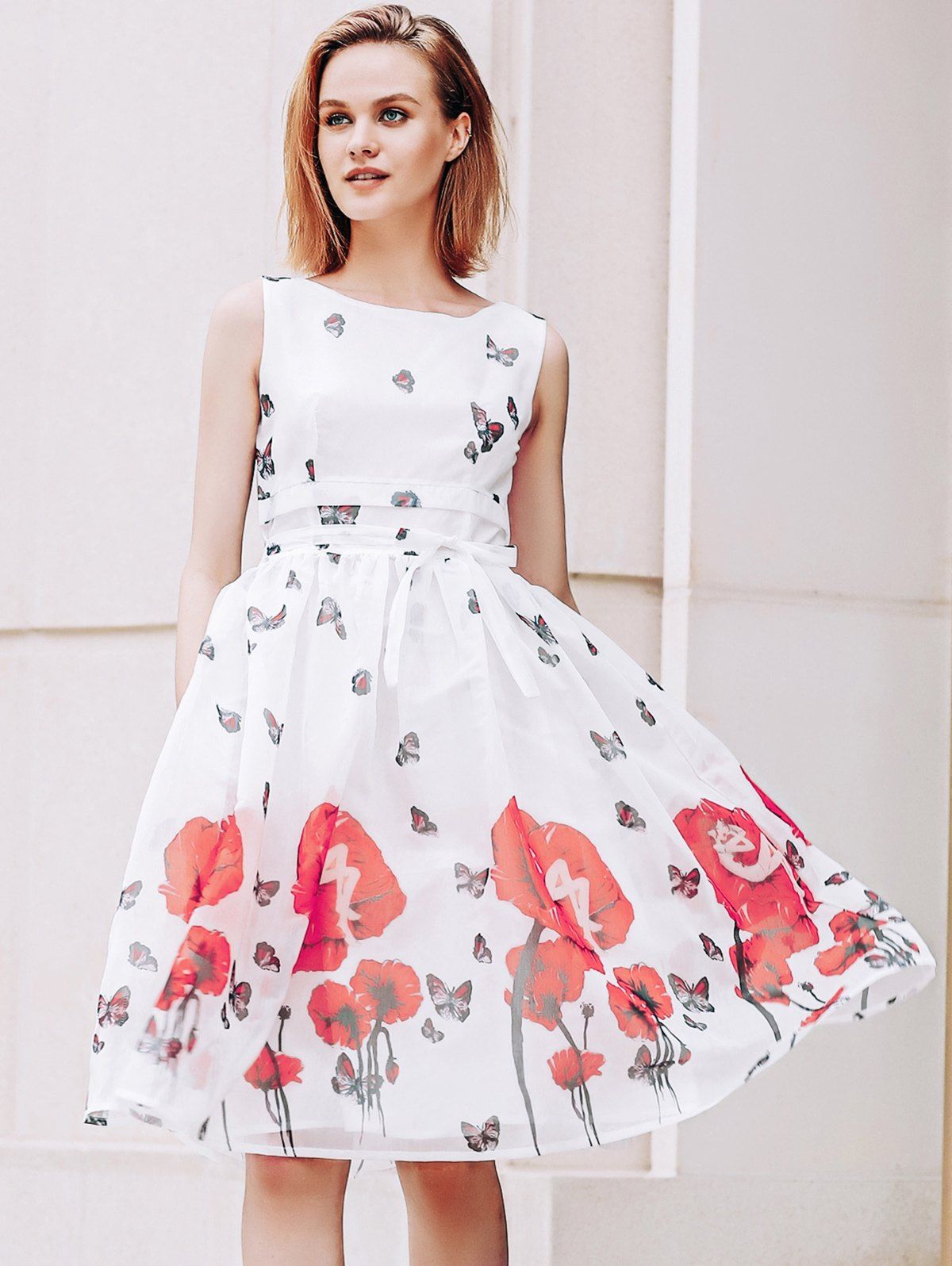 2018 Elegant Scoop Neck Sleeveless Floral Print Chiffon Dress For Women ...