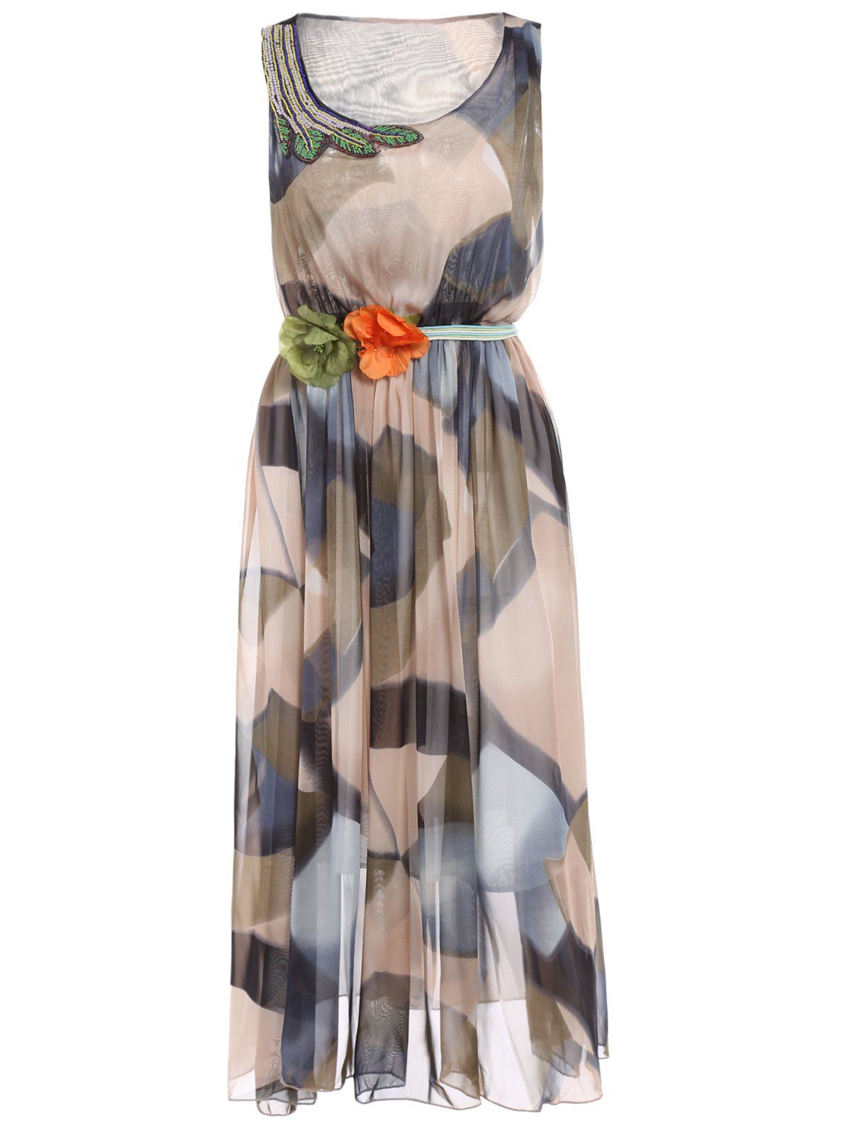 [7% OFF] Stylish Scoop Neck Sleeveless Beaded Floral Dress For Women ...