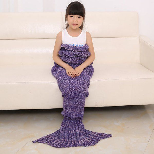 

Flouncing Sleeping Bag Mermaid Design Knitted Blanket and Throws For Kids, Purple