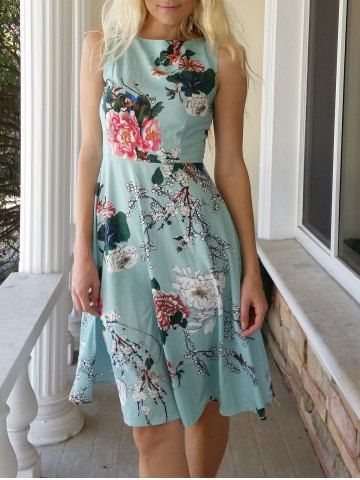 2019 floral and bird print sleeveless vintage dress