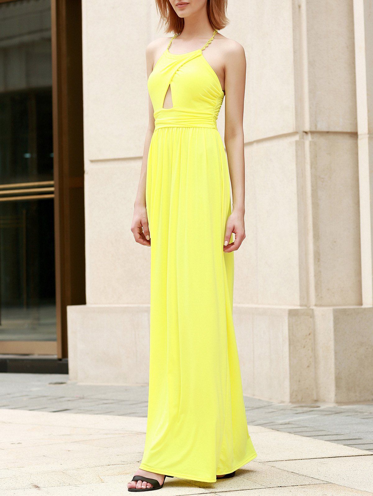 [57 OFF] Open Back Halter Long Prom Party Dress Rosegal