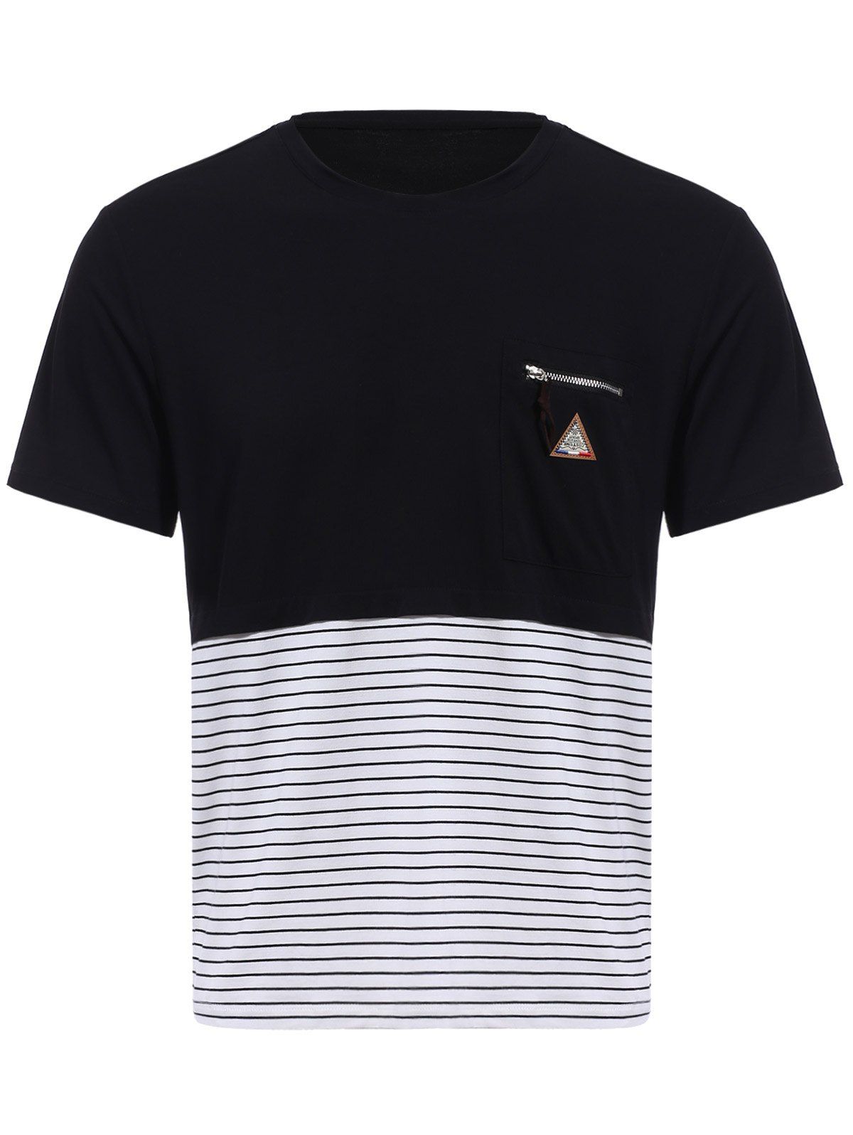 

Vogue Round Neck Zipper Color Block Stripes Spliced Short Sleeves T-Shirt For Men, Black