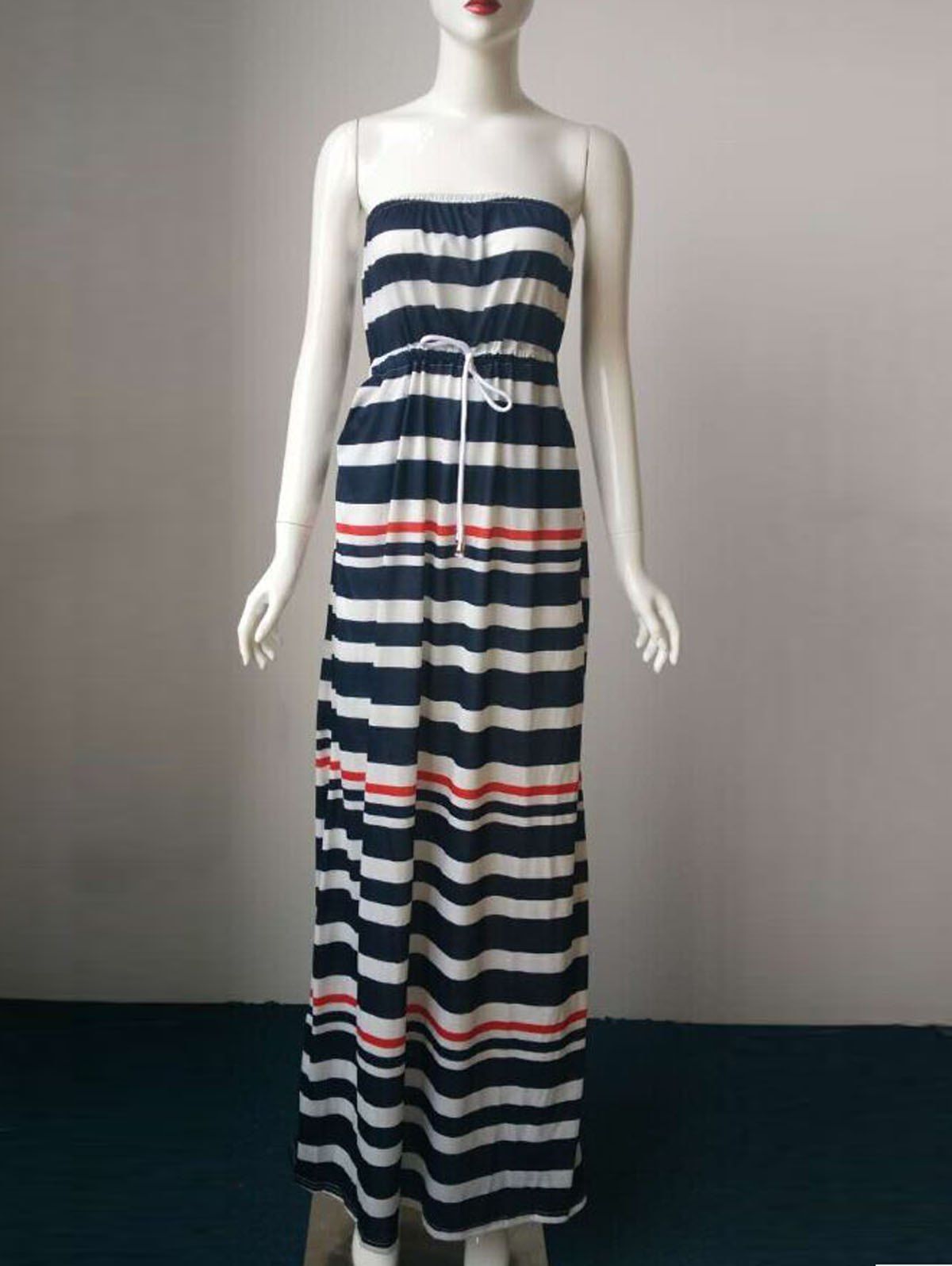

Strapless Stripe Drawstring Casual Bandeau Maxi Dress, Black