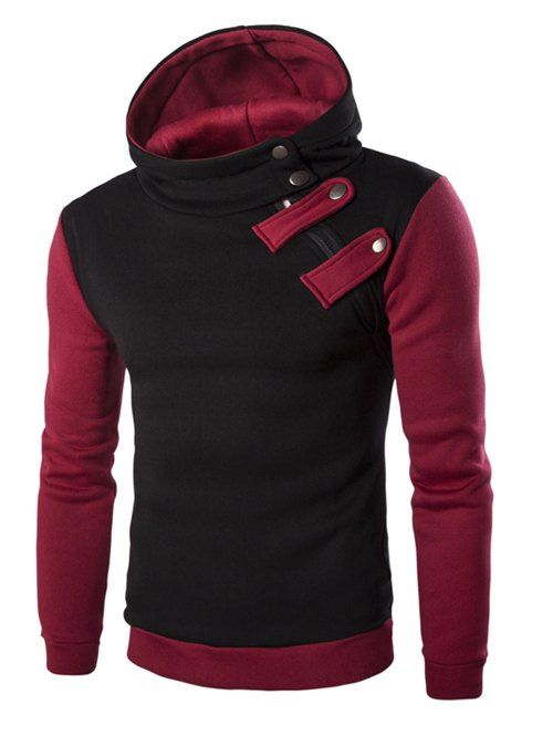 [74 OFF] Inclined Zipper Color Block Hooded Long Sleeves Hoodie For Men Rosegal