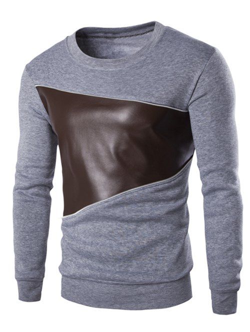 

Color Block PU Leather Splicing Round Neck Long Sleeves Sweatshirt For Men, Light gray