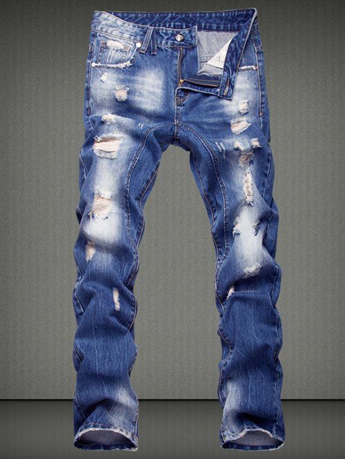 

Casual Ripped Straight Legs Denim Pants For Men, Denim blue