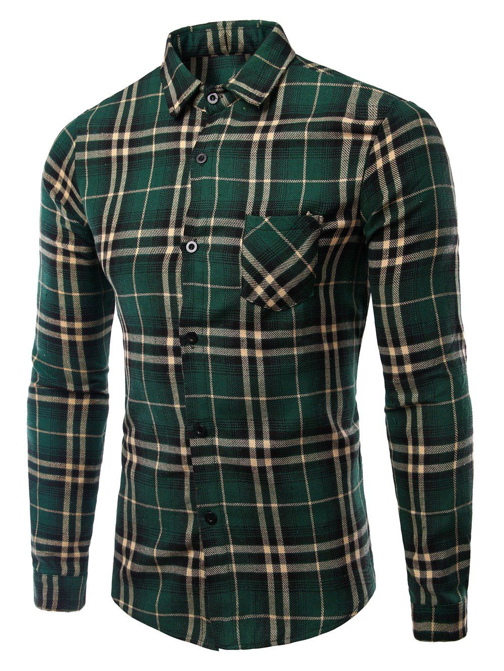 

Turn-Down Collar Pocket Checked Pattern Long Sleeves Shirt For Men, Green