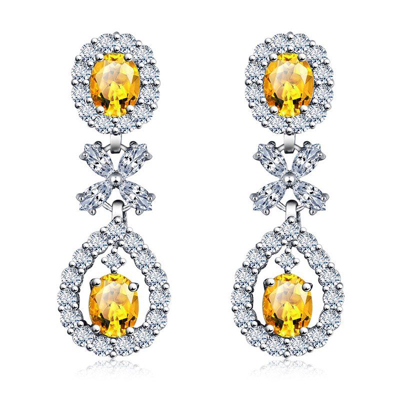 Silver Pair Of Oval Faux Gem Zircon Floral Earrings | RoseGal.com