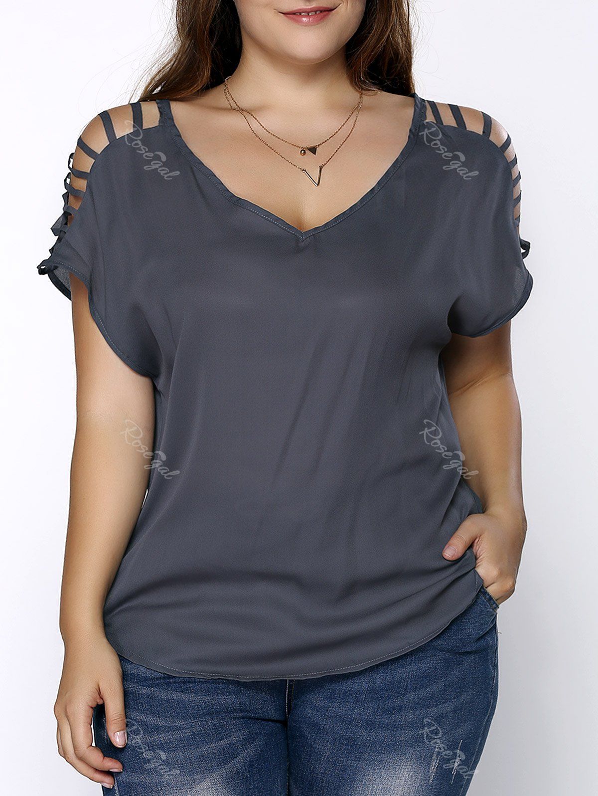Trendy Plus Size V Neck Ripped Sleeve Tee  