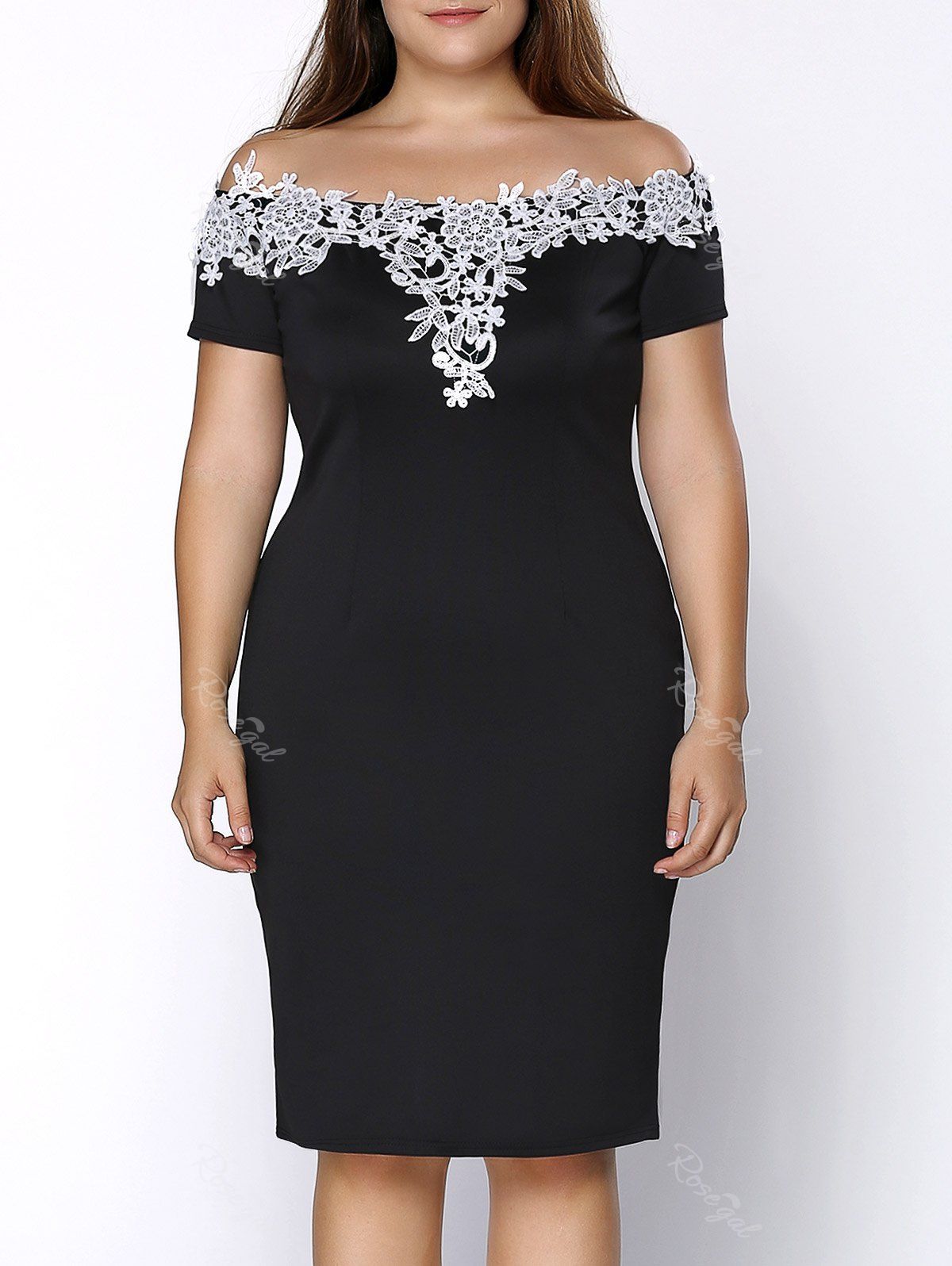 

Plus Size Midi Off Shoulder Crochet Insert Party Dress, Black