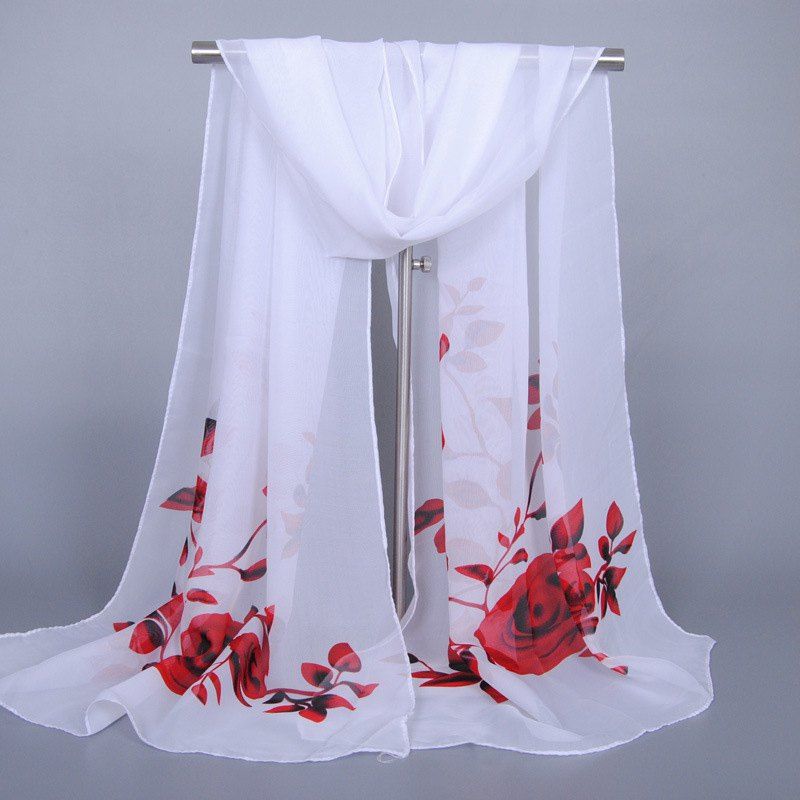 

Chic Red Roses and Leaves Pattern Chiffon Scarf For Women, White