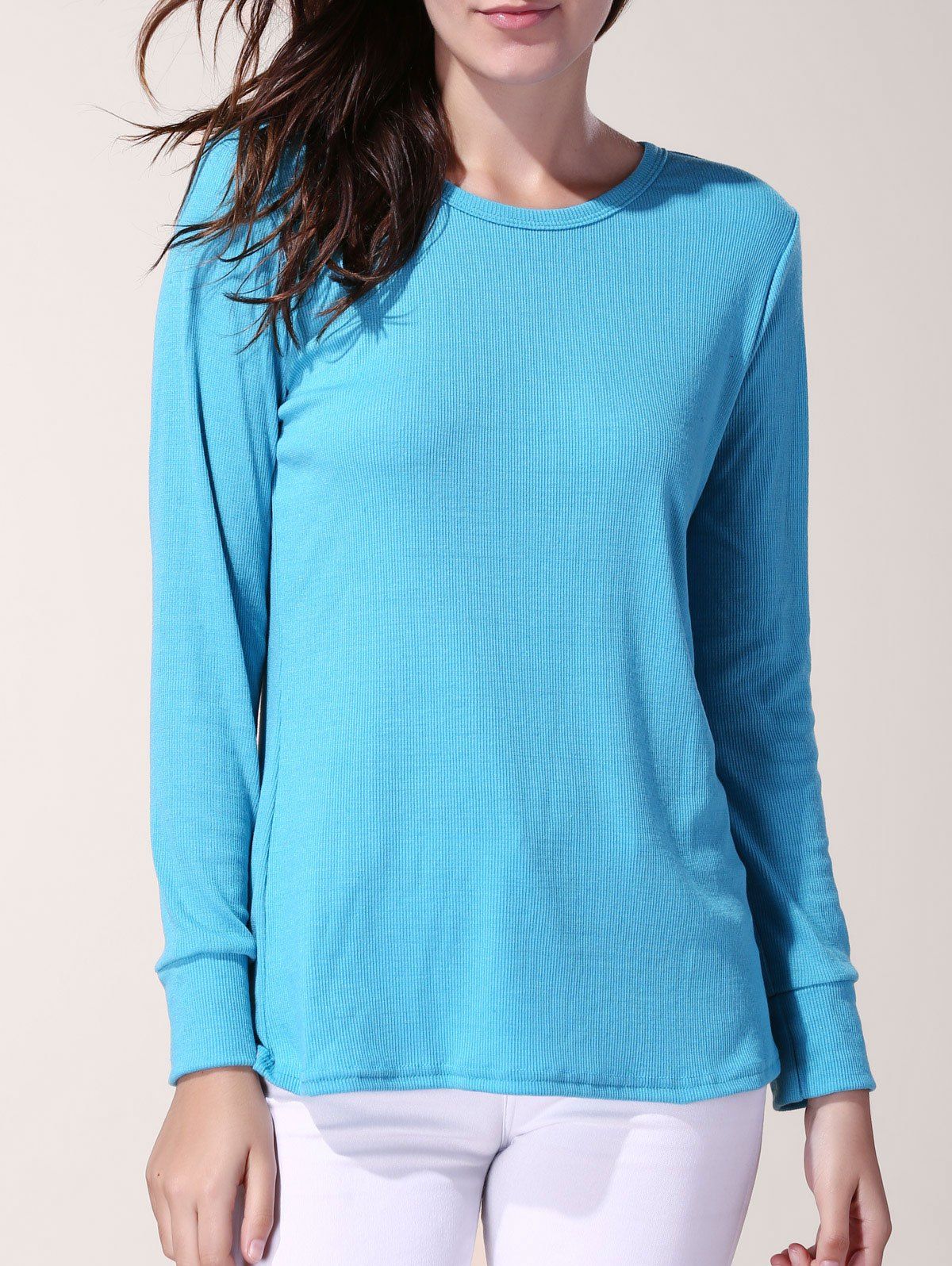 Jewel Neck Long Sleeve Pure Color T-Shirt