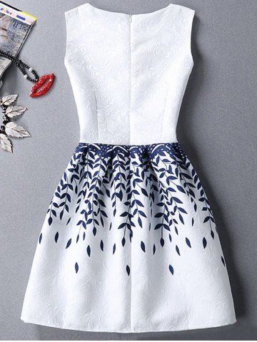 Ladylike Round Neck Sleeveless Leaves Print Pleated Women's Dress