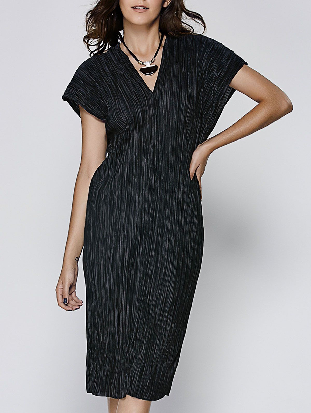 [56 OFF] Chic Women's Bat Sleeve Pleated V Neck Dress Rosegal