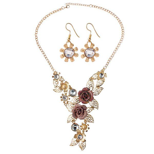 

A Suit of Hollow Out Rose Leaf Faux Gem Necklace and Earrings, Golden