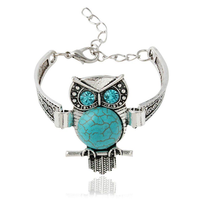 

Fake Turquoise Rhinestone Owl Bracelet, Silver