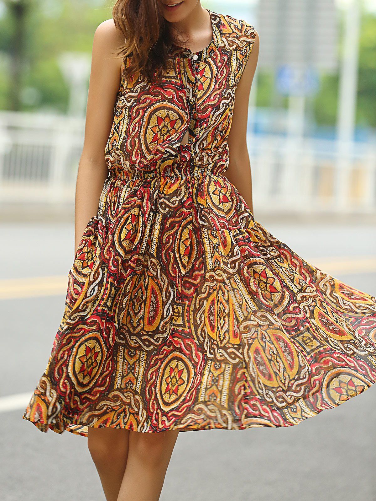 [5% OFF] Stylish Jewel Neck Print Chiffon Midi Dress For Women | Rosegal