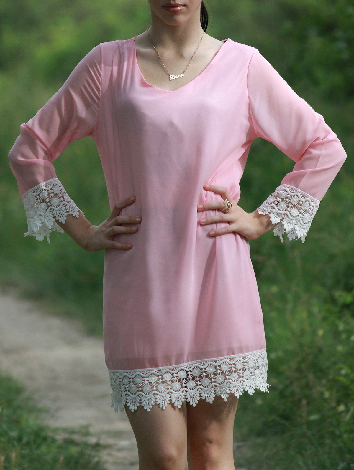 5 Off Sweet V Neck Long Sleeve Laciness Chiffon Womens Dress Rosegal 