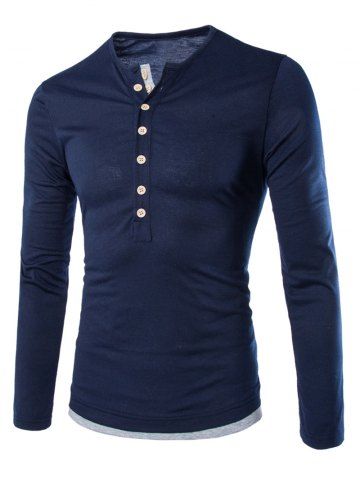 Cadetblue M Long Sleeves Two Tone Button T Shirt | RoseGal.com