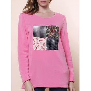 

Casual Scoop Collar Long Sleeve Patch Design Women's T-Shirt, Pink