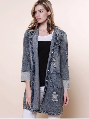 Best Vintage Turn-Down Collar Long Sleeve Hole Design Denim Women's Coat 