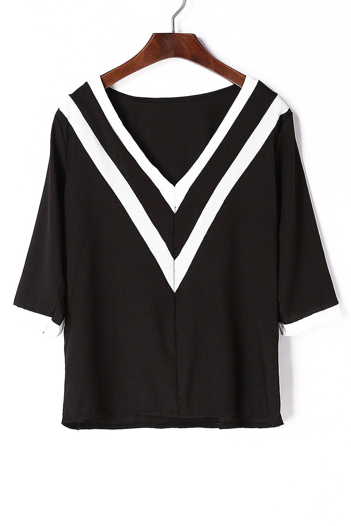 Black S Plunging Neck 3/4 Sleeve Striped Loosefitting Tshirt For