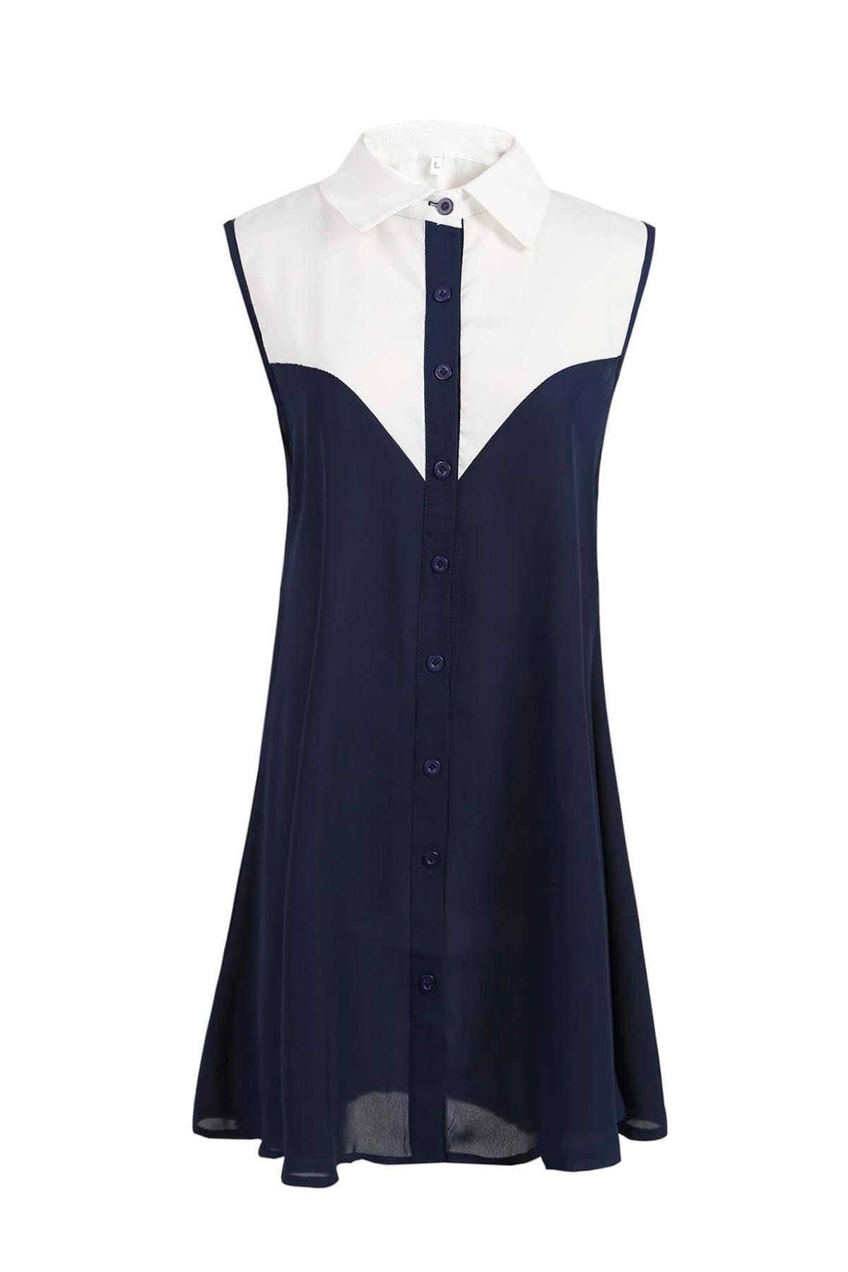 Black Xl Chic Shirt Collar Sleeveless Color Block Women's Chiffon Dress