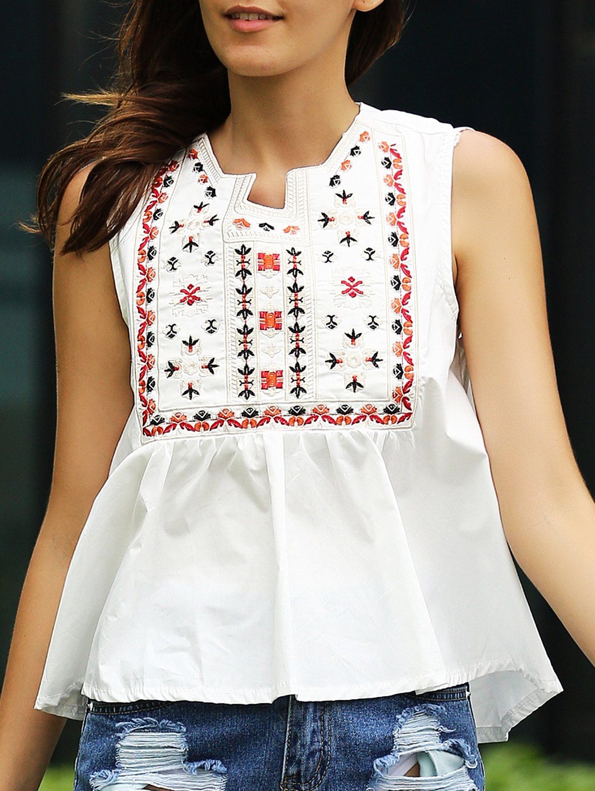 [27 OFF] Ethnic Style Women's Embroidered Loose Fitting Tank Top Rosegal