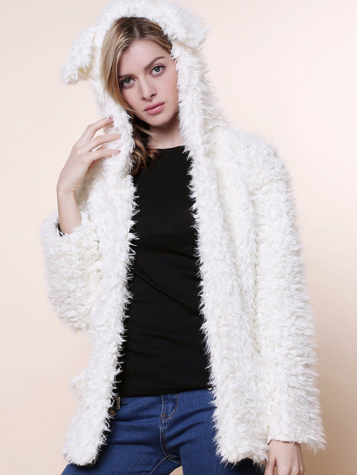 [59 OFF] Cute Bear Ear Design Hooded Long Sleeves Women's White Faux Fleece Coat Rosegal
