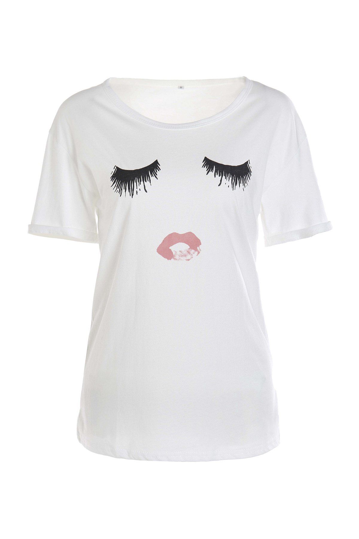 Hot Fashionable Jewel Neck Eyelash Lip Print Short Sleeve T-Shirt For Women  