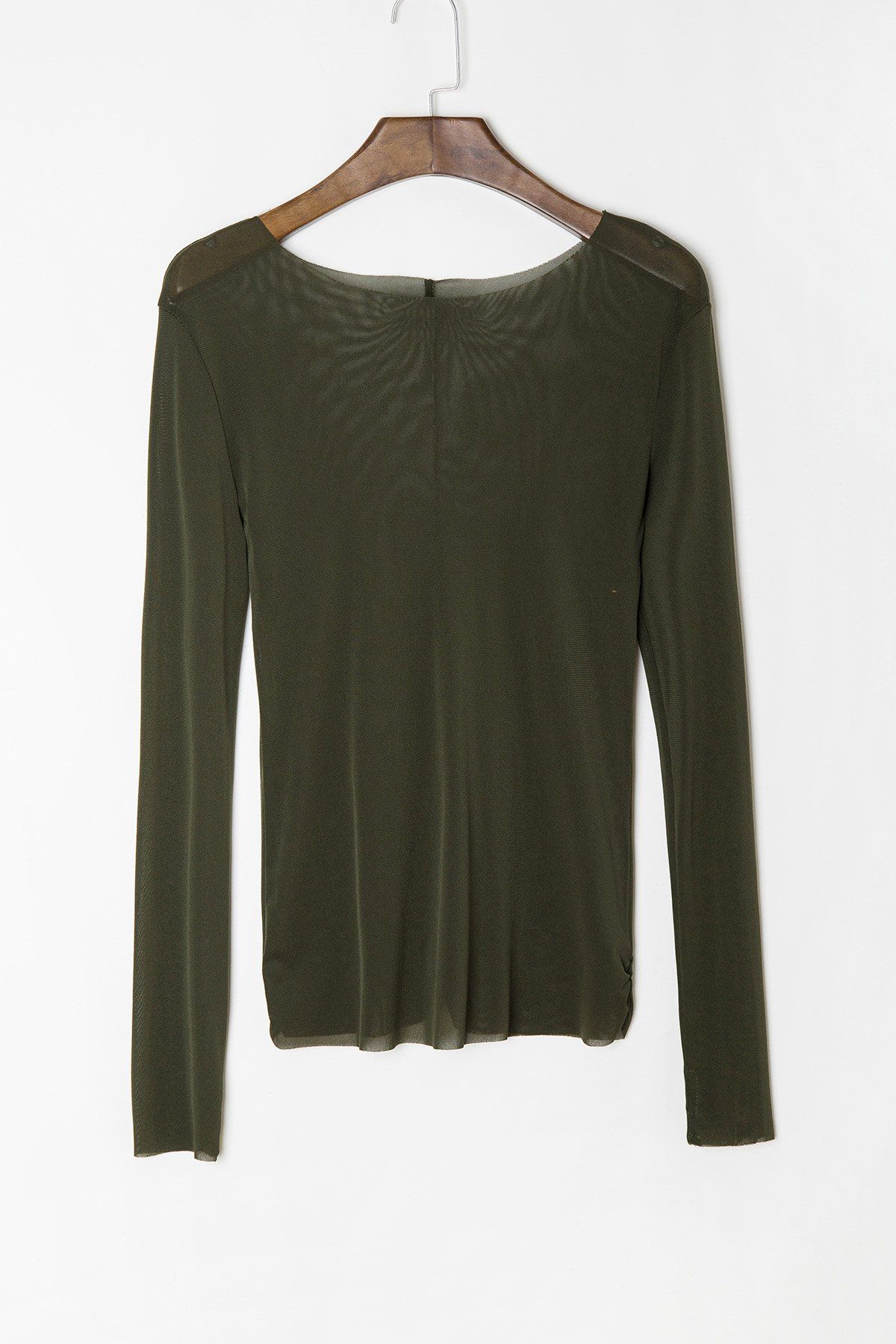 

Stylish Scoop Neck Long Sleeve See-Through Women's T-Shirt, Army green