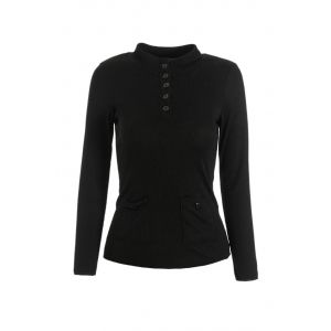 Black Xl Button Up Ribbed Long Sleeve Fitted T-shirt | RoseGal.com