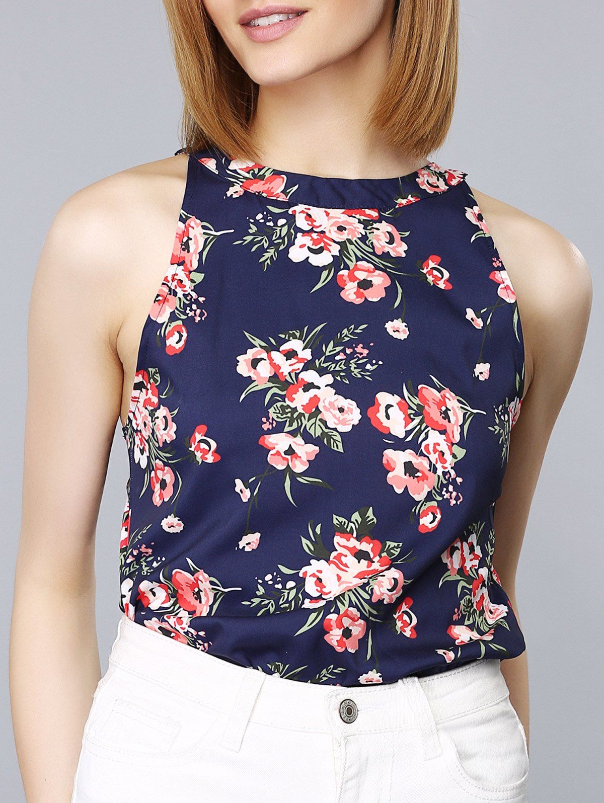 [50% OFF] Chic Round Neck Floral Print Zipper Design Women's Tank Top | Rosegal