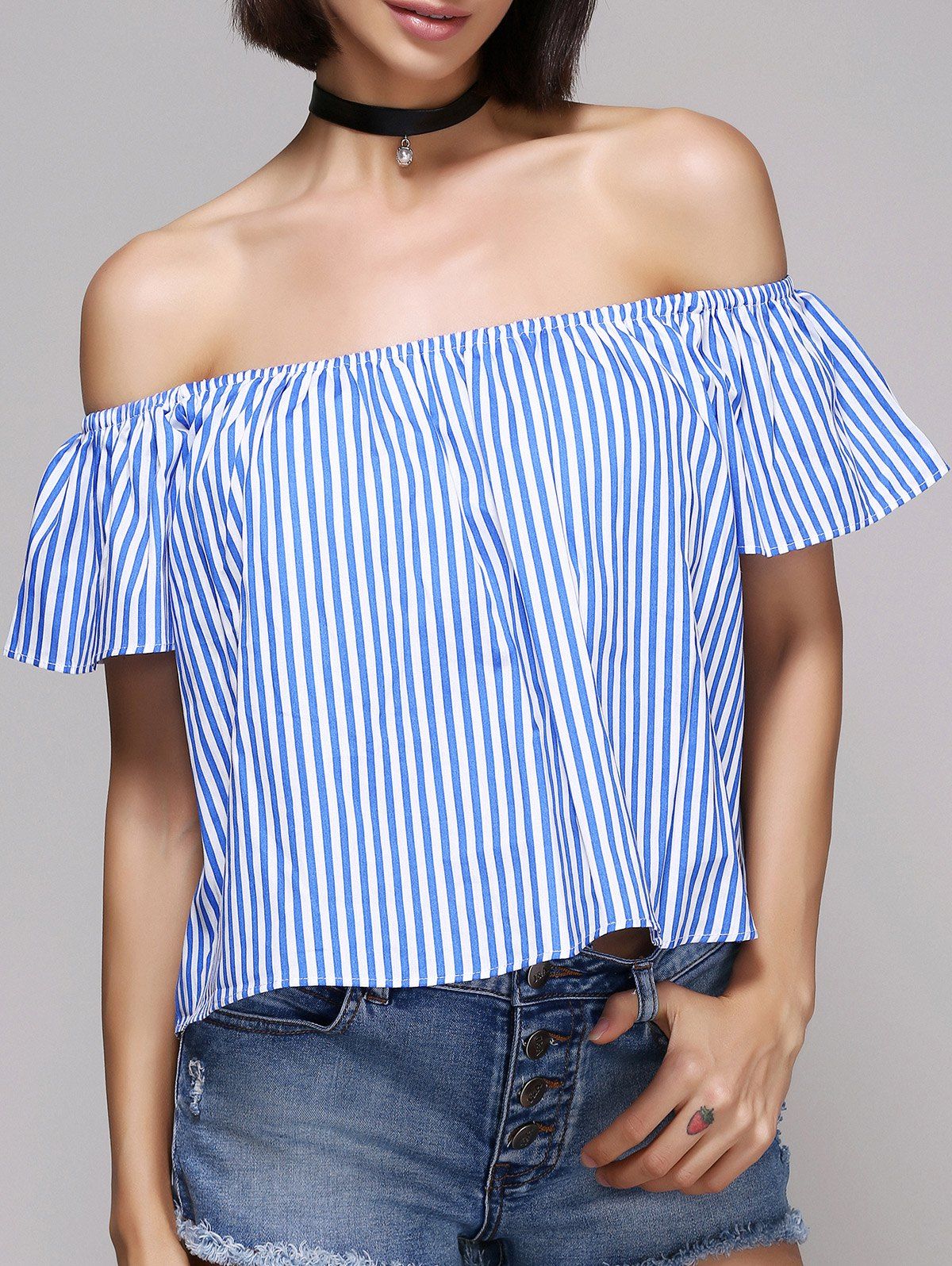 Blue/white S Chic Women's Off The Shoulder Pinstriped Blouse | RoseGal.com