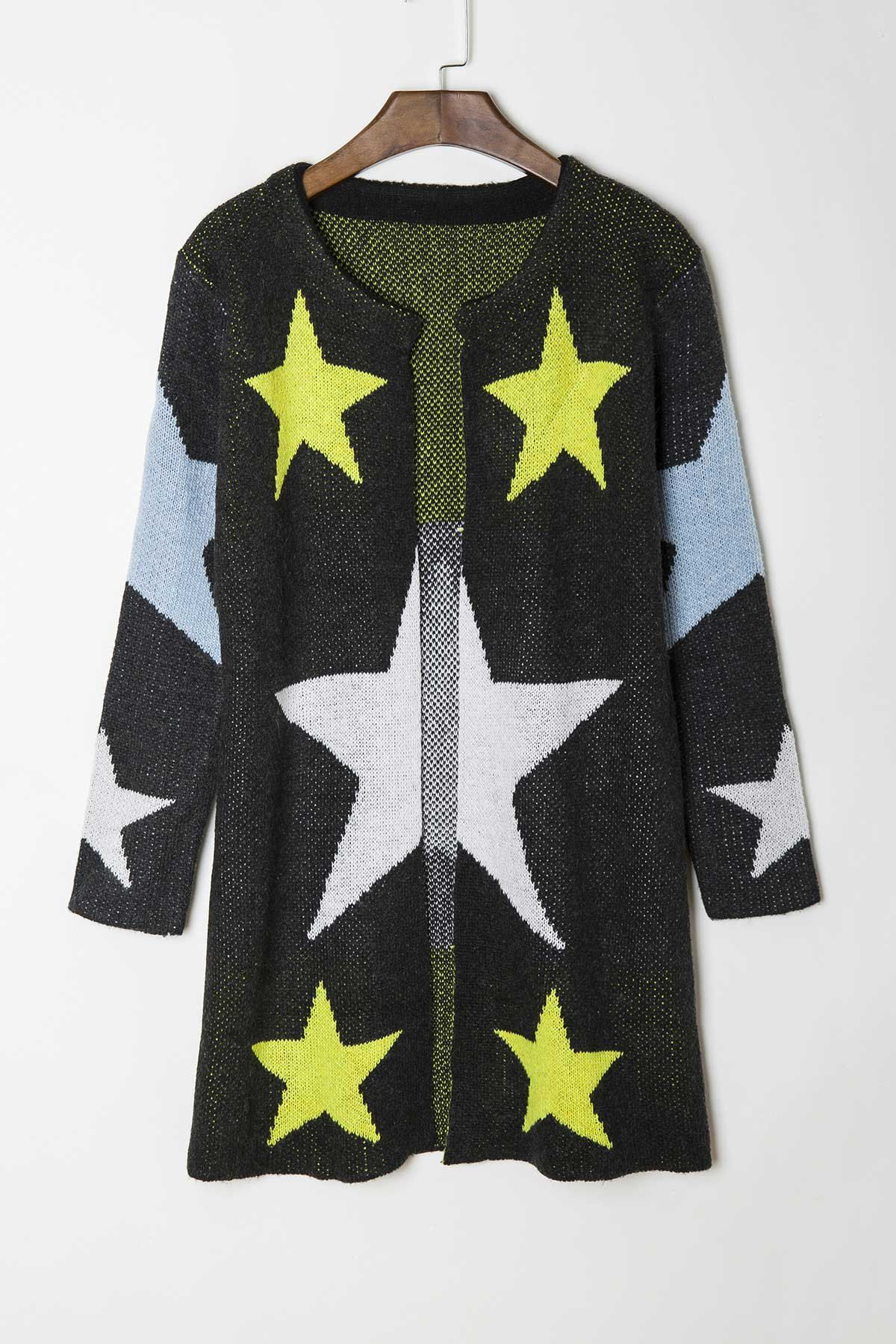 

Fashionable Round Collar Star Pattern Long Sleeve Cardigan For Women, Black