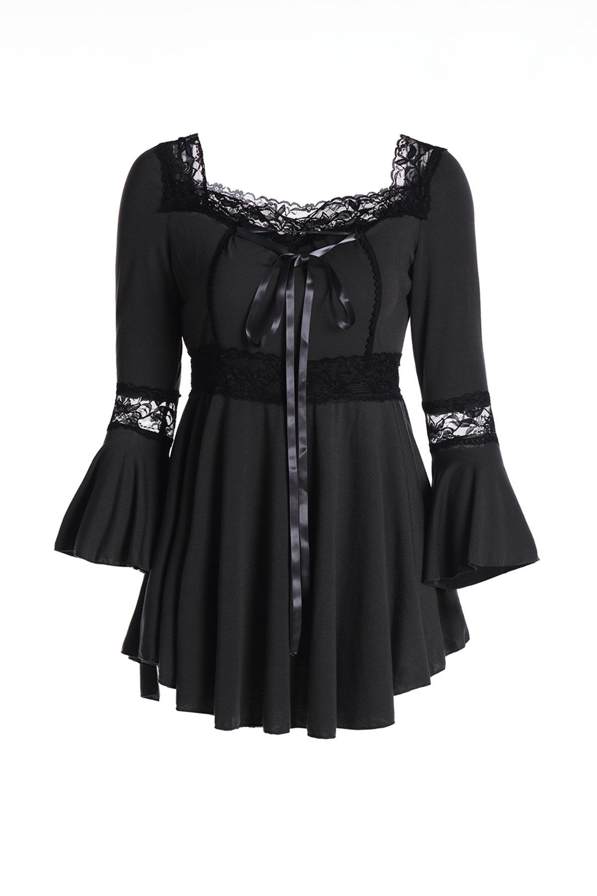 

Stylish Long Sleeve Lace Spliced Lace-Up Women's Blouse, Black