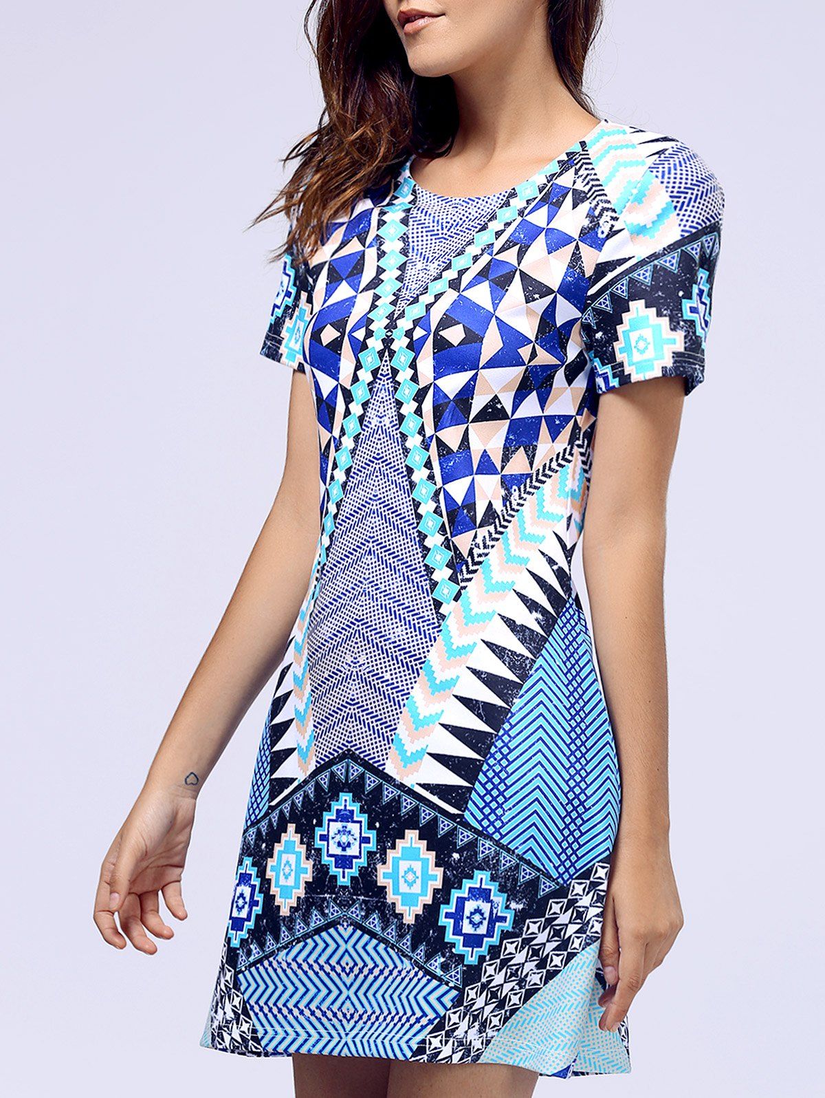 [88% OFF] Short Sleeve Round Neck Geometric Print Dress | Rosegal